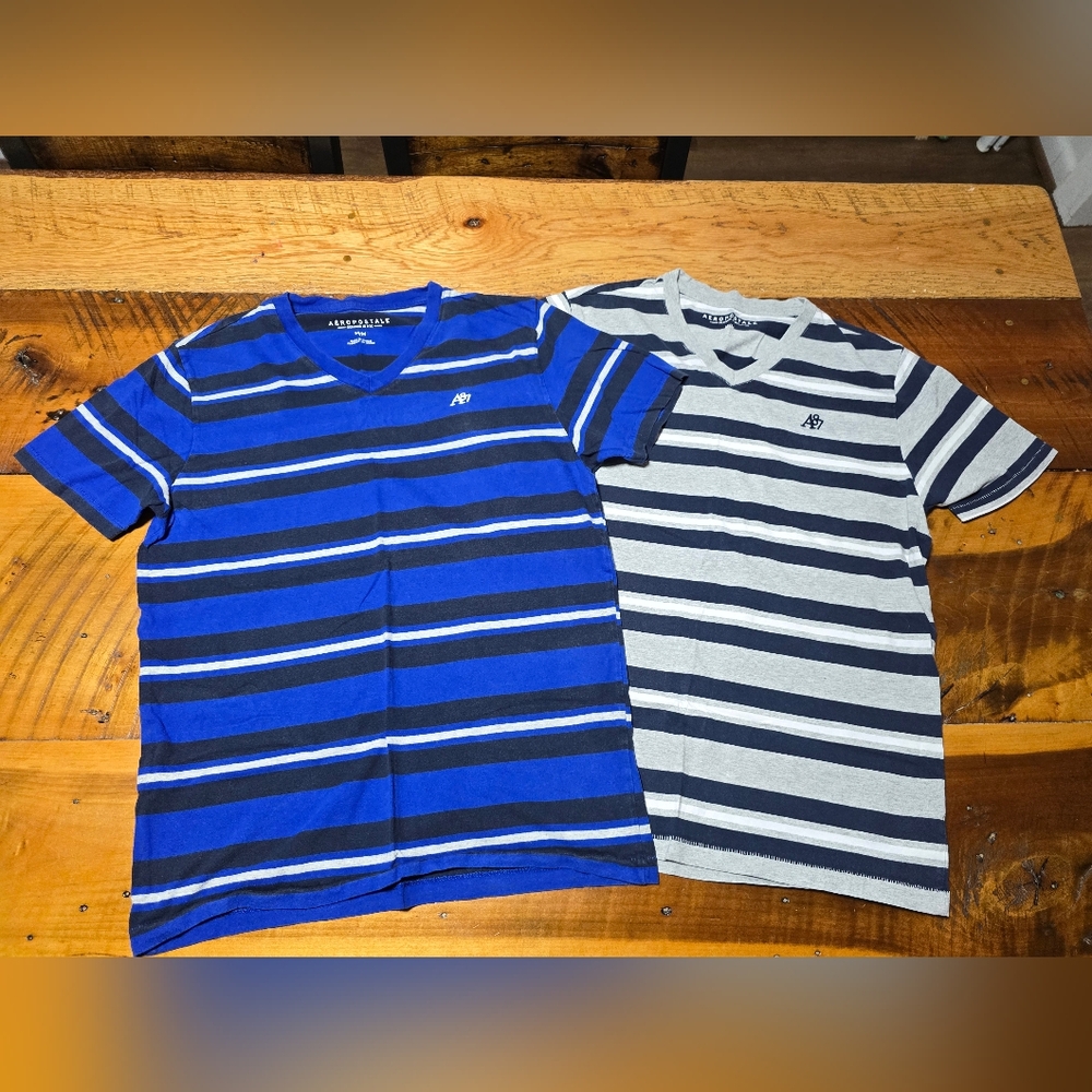 Aeropostale Mens Striped V-Neck T-Shirts - Blue and Gray